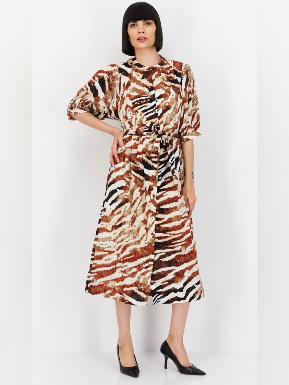 Calvin Klein Tiger-Print Midi Shirt Dress in Brown, Cream, Black